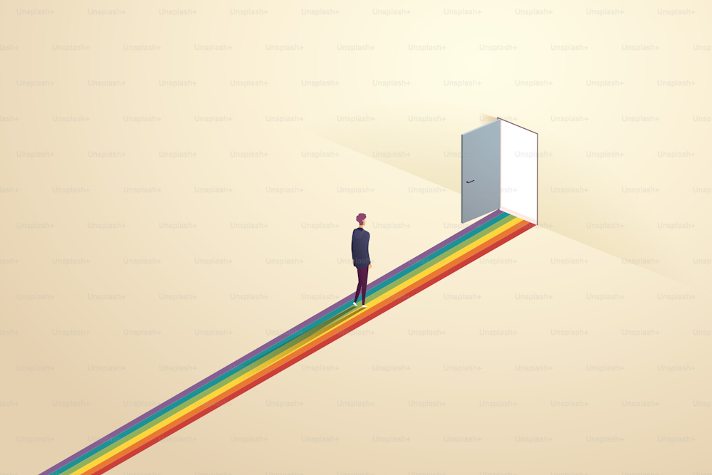 Young man was walking out the light through the door. There is a rainbow of light, the LGBT community. isometric vector illustration.