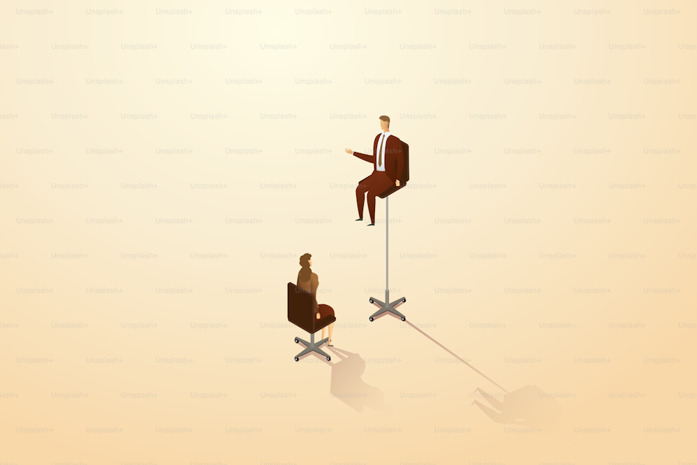 Businessman sits in an office chair high above a normal business woman sitting in a chair. Gender gap concept inequality disparity in work. isometric vector illustration.