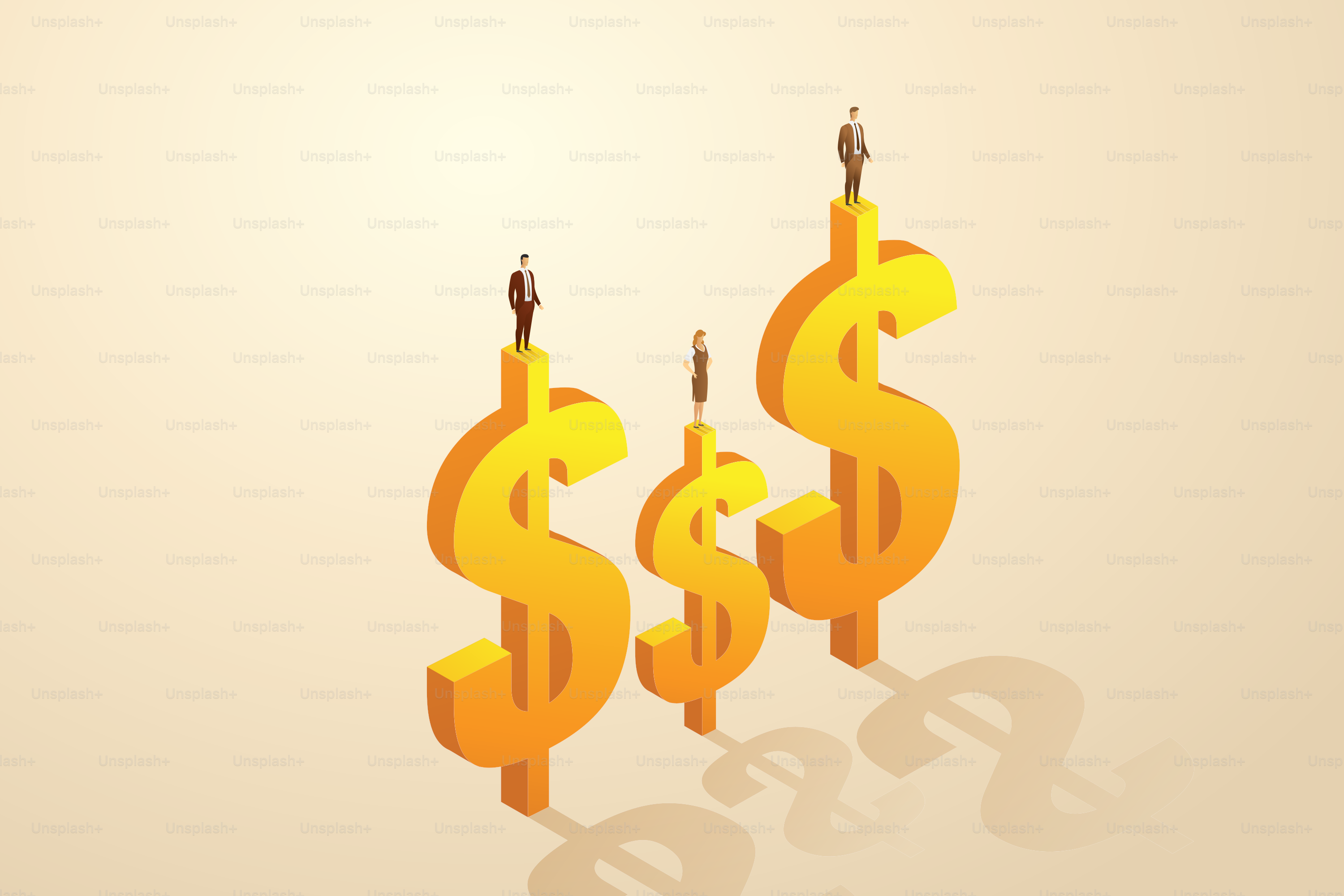 Income Differences Between Male and Female Employees gender gap and salary inequality discrimination. Businessmen and businesswomen on dollar icons. isometric vector illustration.