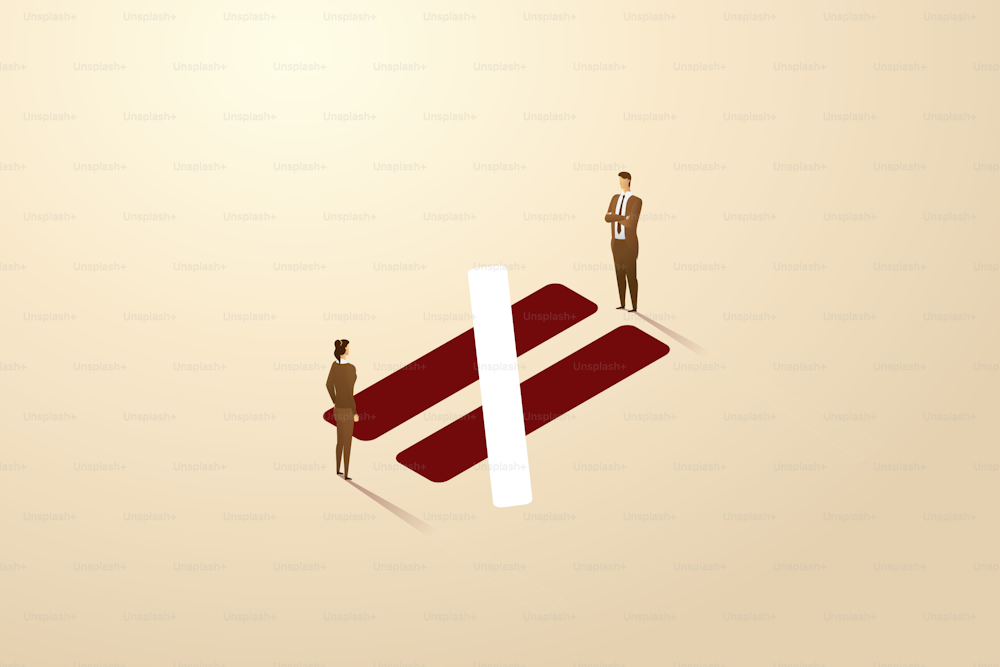 Discrimination Gender inequality Occupational unfair treatment. Businessman with businesswoman standing at the unequal sign. isometric vector illustration.