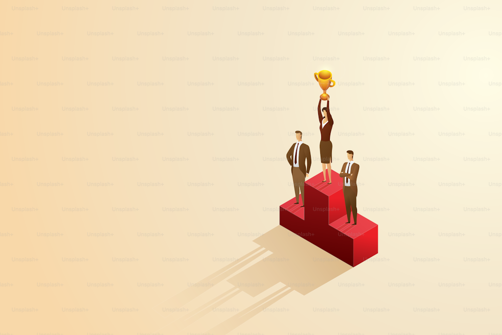 Businesswoman holds a trophy on a podium above a businessman. Leadership and success business victory gender equality The power of feminism over men. isometric concept illustration.