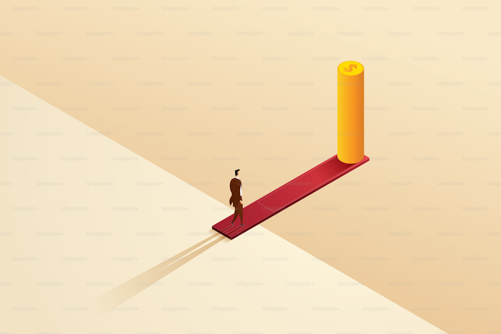 Businessman walks on a wooden board on the edge of a cliff to a pile of coins. Business risk concept or economic balance isometric vector illustration