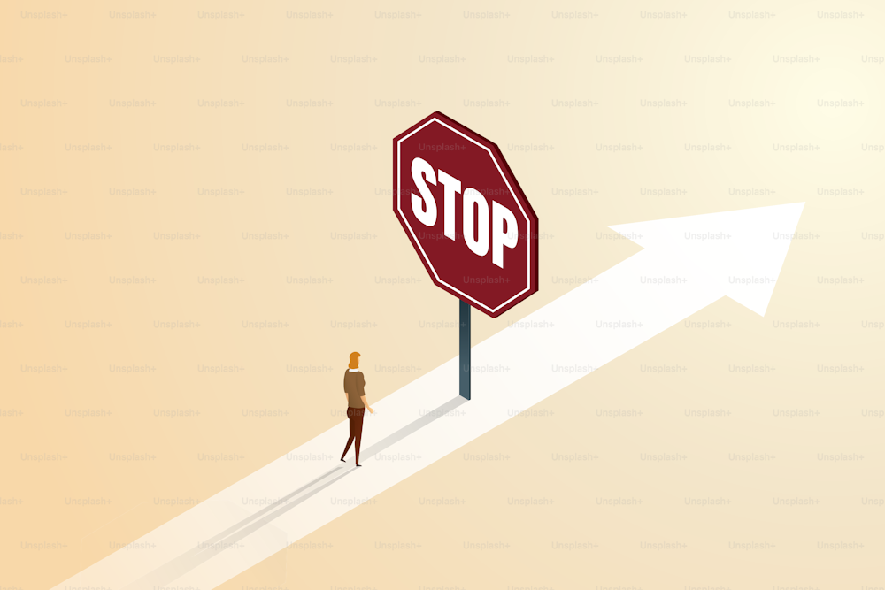 Obstacles to women's careers are stopped from reaching their goals. gender discrimination. Businesswoman standing in front of a stop sign. isometric vector illustration.
