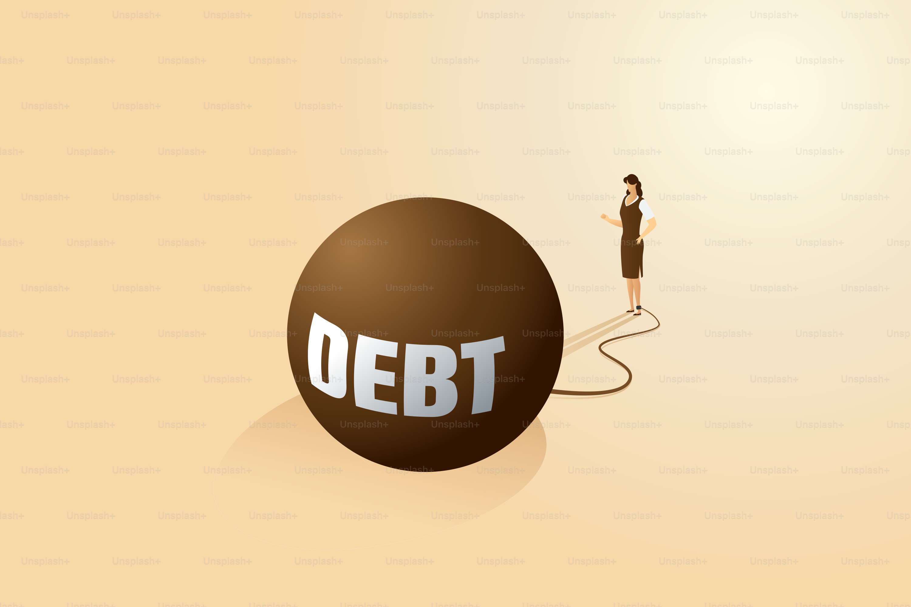 Woman bound by huge debt from the economic crisis and the financial recession and bankruptcy. Businesswoman is tethered to a large metal ball. isometric vector illustration.