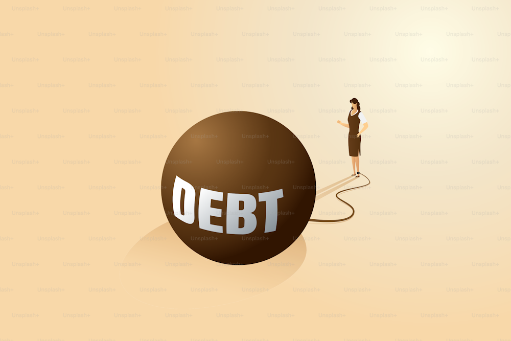 Woman bound by huge debt from the economic crisis and the financial recession and bankruptcy. Businesswoman is tethered to a large metal ball. isometric vector illustration.