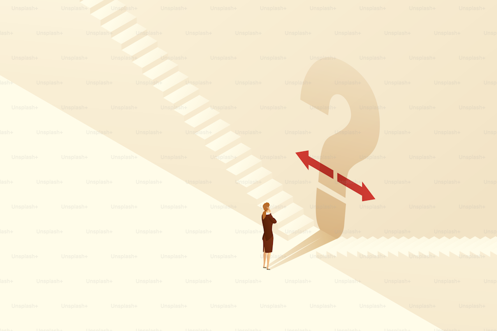 Businesswoman stands at a crossroads with a large shadowed question mark have to make a decision on choosing the path in the future. isometric illustration vector.