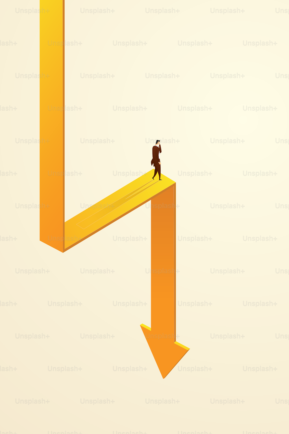 Investor or businessman stands stressed on a falling arrow chart. Concept of economic crisis and financial recession bankruptcy Loss.  isometric vector illustration.