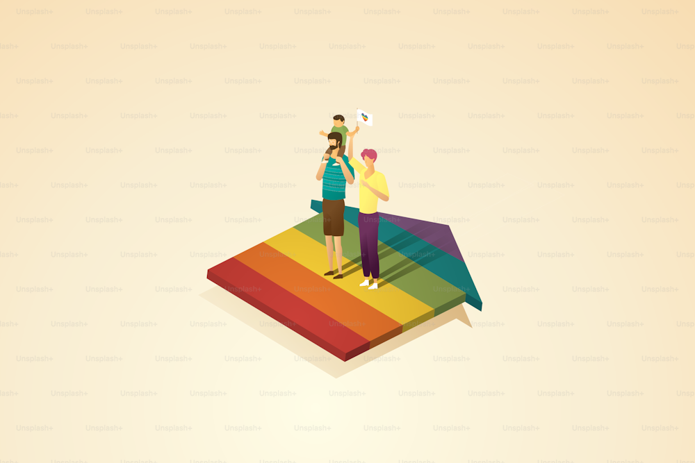 LGBT family, children ride on the necks of happy male fathers and mothers. Gay parents stand on a rainbow house.  isometric vector illustration.