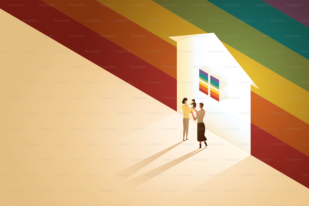 Família LGBT, pais felizes mães e filhos. Pais de casais bissexuais lésbicos estão em frente a uma casa brilhante na parede de um arco-íris. ilustração vetorial isométrica.