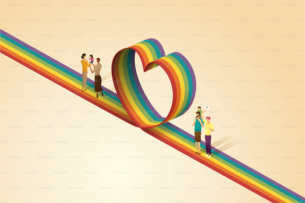LGBT-Familie, glückliche Väter, Mütter und Kinder. Lesbische, bisexuelle, schwule Paare Eltern stehen auf dem Weg zu einer Regenbogenherzform. Isometrische Vektorillustration.