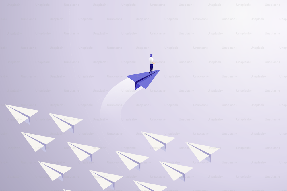 Businesswoman on a purple paper plane veered from a group of white planes. Career path change ideas. isometric vector illustration.