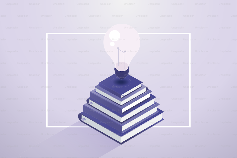 Light bulbs on a stack of books in background trendy very peri colors. isometric vector illustration.