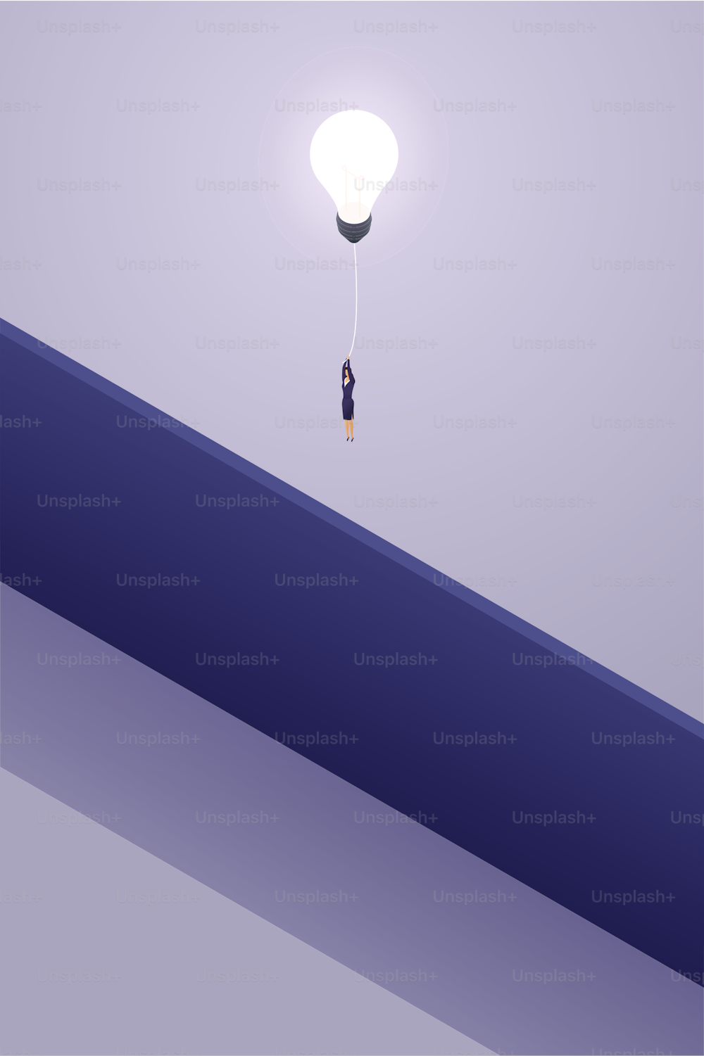 Empresária voando com uma lâmpada através de uma parede e uma solução de negócios. conceito criativo. ilustração vetorial isométrica.