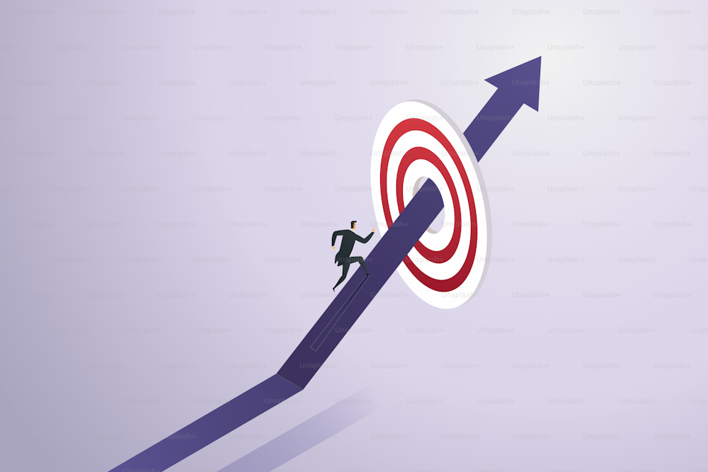 Confident businessman running on target purple arrow of business success development goals career growth. isometric vector illustration.