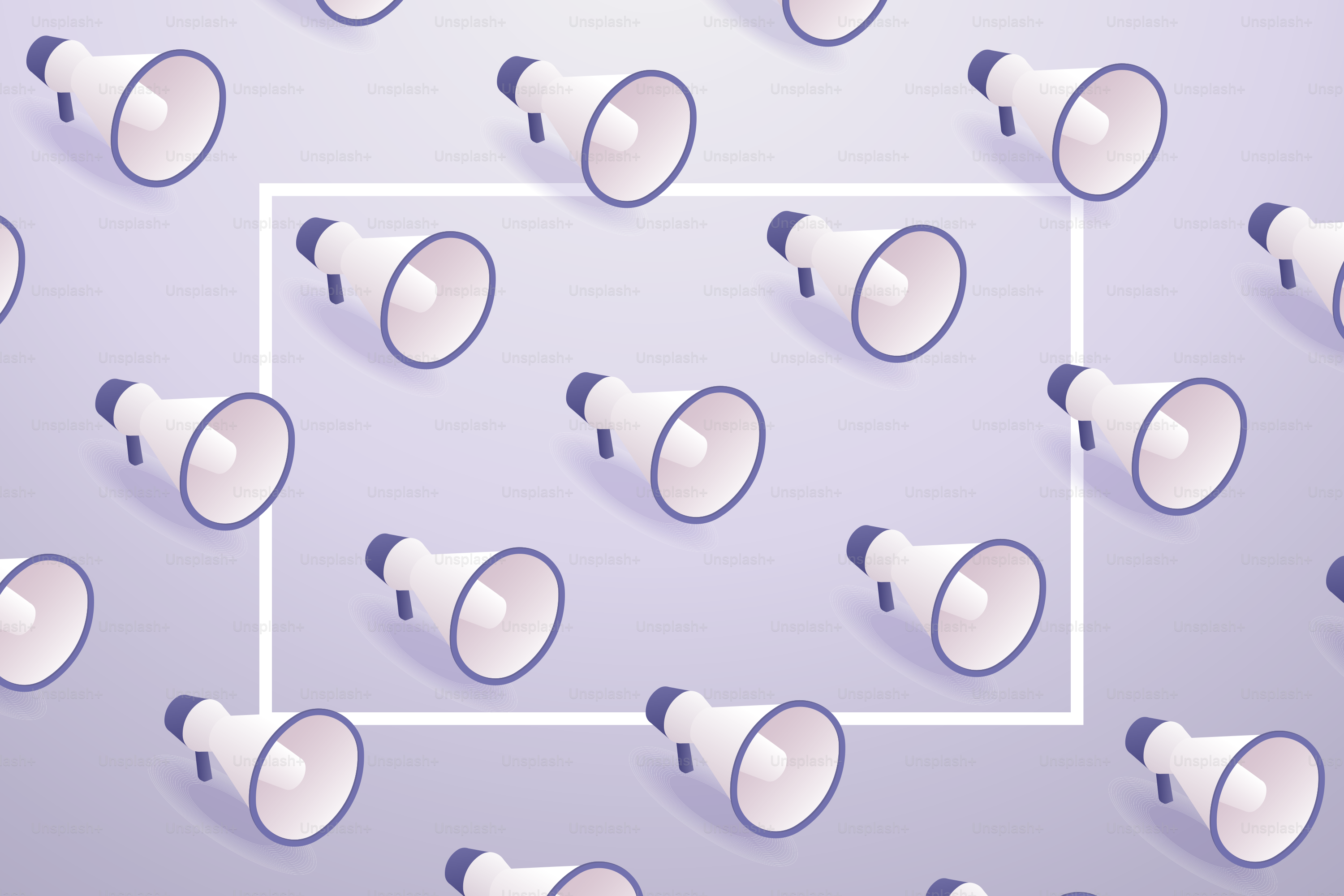 Megafon im Hintergrund, trendige sehr peri-Farben und Werbewerbung, 3D-Megafon. isometrische Vektorillustration.