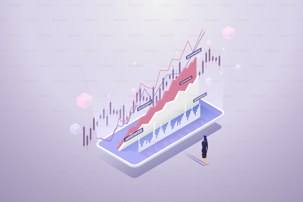 Businesswoman looking chart financial graph investment diagram financial data analysis digital marketing through on a smartphone mobile phone. isometric vector illustration.