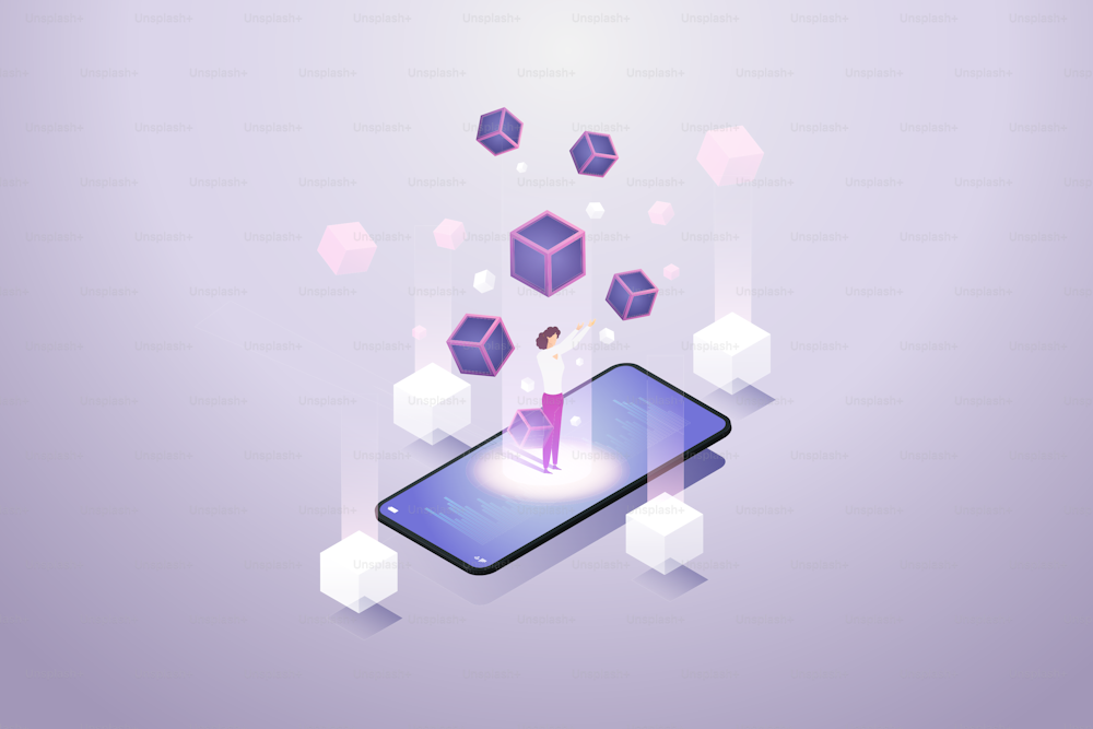 Woman stands on smartphone and experiences Blockchain technology. Future Technology Concept Blockchain Cryptocurrency. isometric vector illustration.
