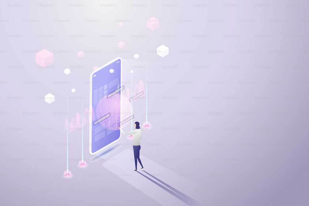 Woman experience 3D Metaverse, the limitless virtual reality technology for future smartphone users and digital devices. isometric vector illustration.
