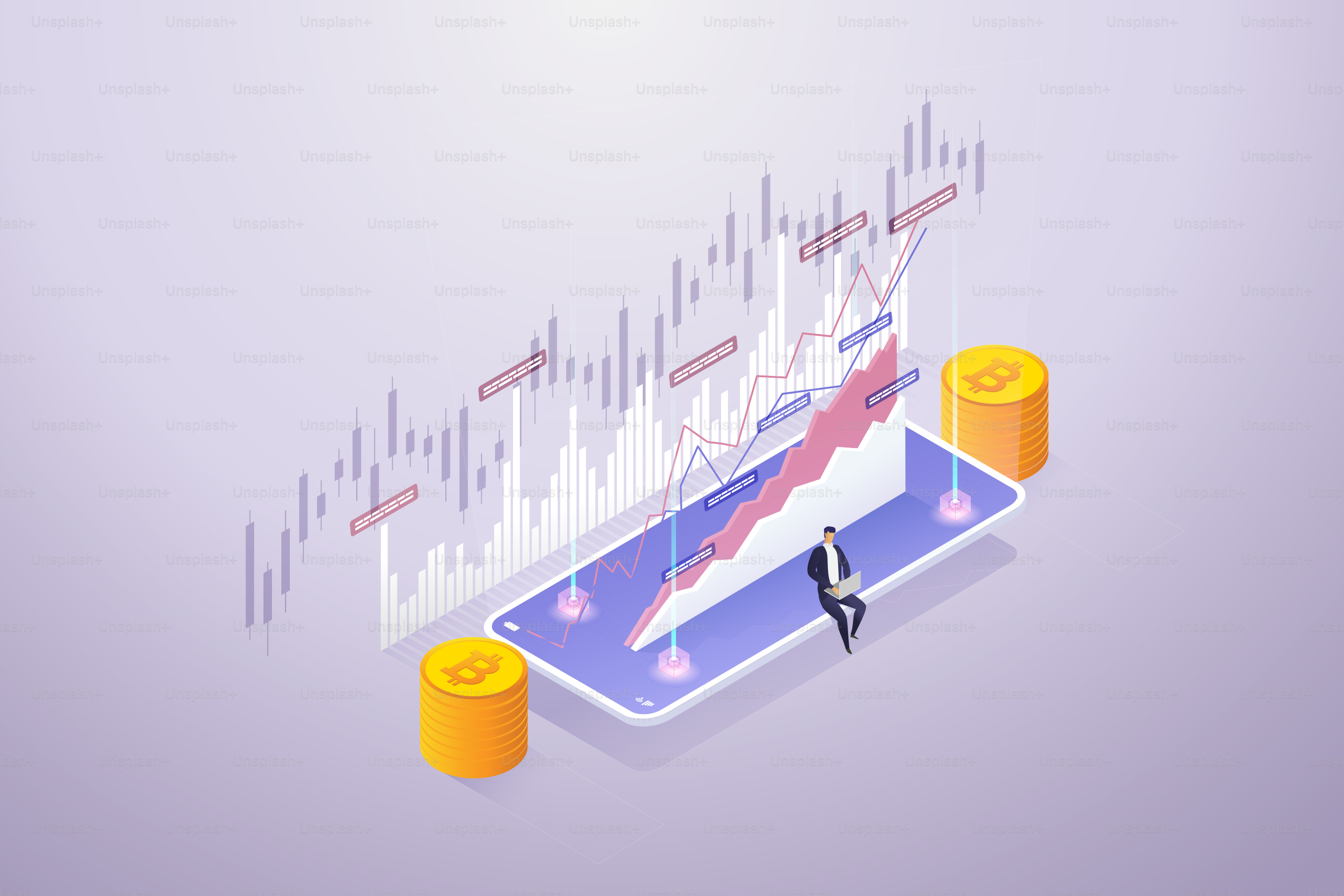 Geschäftsleute kaufen und verkaufen Bitcoin auf Smartphones und Labtop mit Online-Kryptowährungen. wachsende Finanzindex- und Börsen. isometrische Vektorillustration.