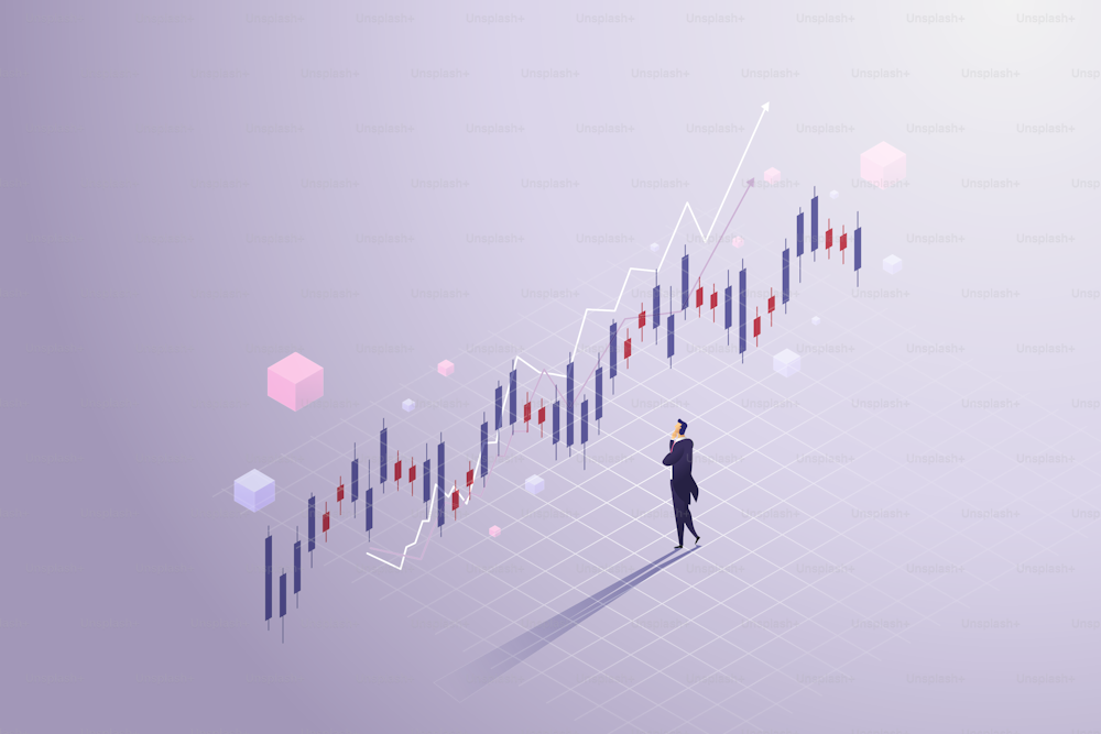 Hombre de negocios analizando el gráfico de velas comerciales gráfico de comercio del mercado de valores Crecimiento del mercado de valores Adecuado para inversiones financieras de Crypto Trading. Ilustración vectorial isométrica.