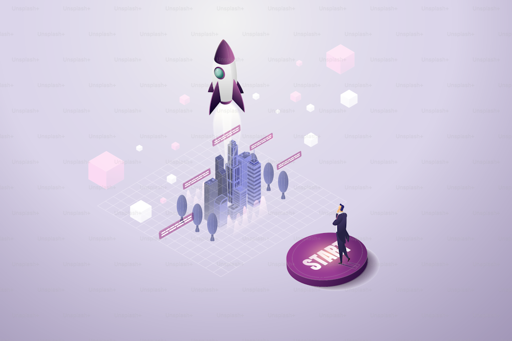 Businessman presses on the start button of a rocket launcher. starting project launch or new business on a gray-purple background city.  isometric vector illustration.