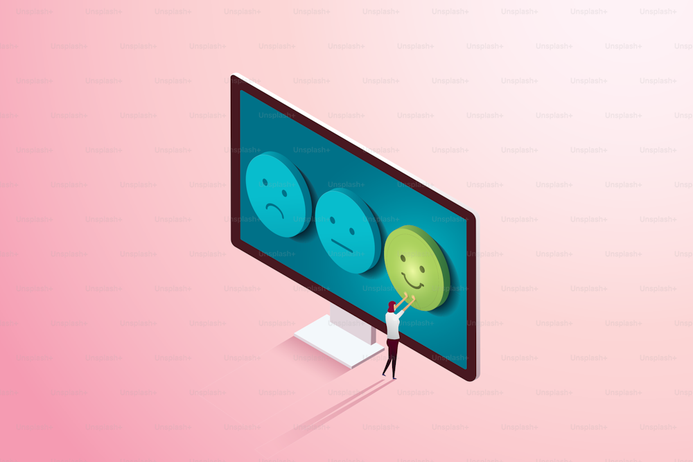 Customer chooses a happy face emoticon. Customer Experience Rating satisfaction survey Great feedback for positive customer products and services. isometric vector illustration