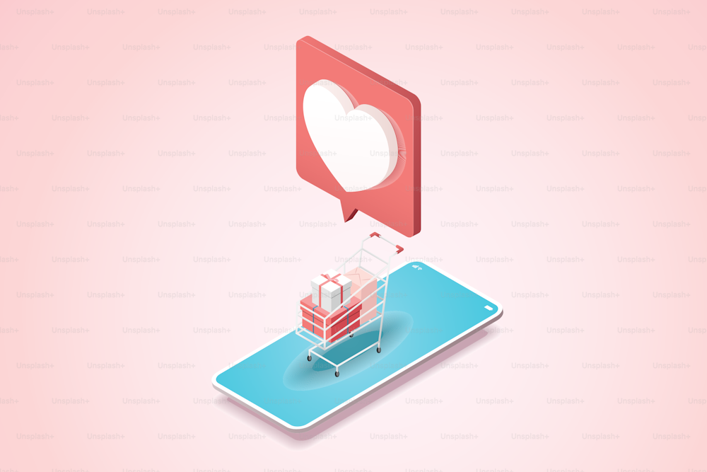 하트 메시지 아이콘과 스마트폰 분홍색 배경에 있는 장바구니 온라인 쇼핑. 아이소메트릭 벡터 그림
