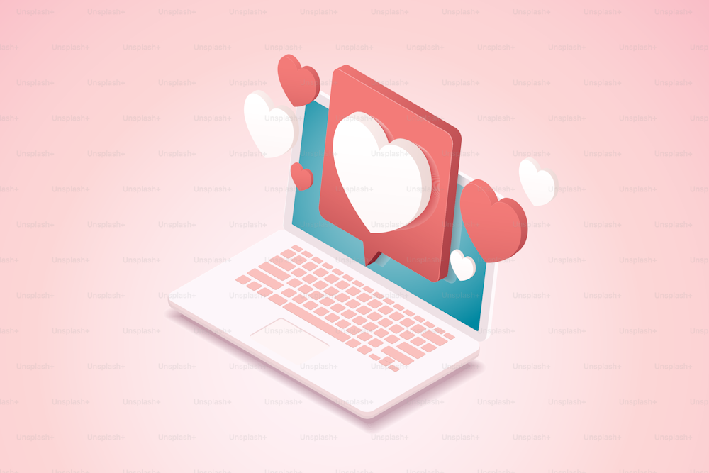 Heart message icon on laptop pink background. isometric vector illustration