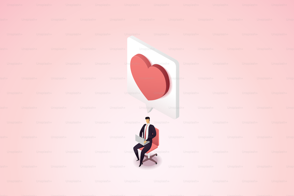 Empresário sentado trabalha com redes sociais enviar ícone de mensagem de coração. ilustração vetorial isométrica.