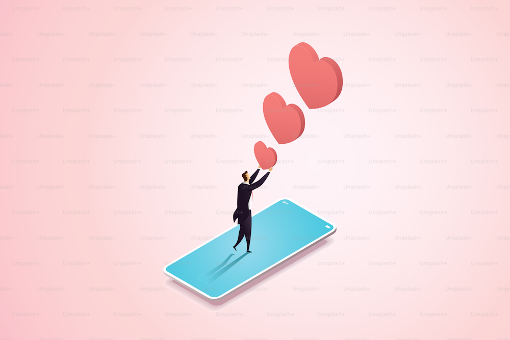 Businessman holding like heart icon through smartphone screen social media icons pink back. isometric vector illustration.