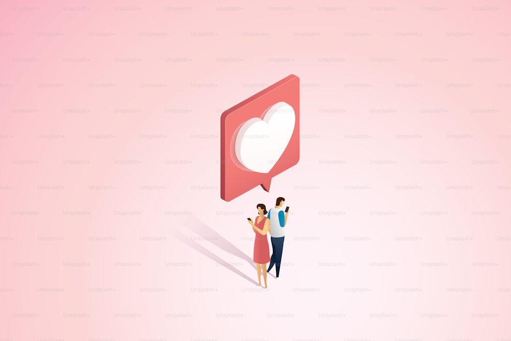 Couple sending heart shaped message via smartphone online dating valentine's day festival on pink background. isometric vector illustration.
