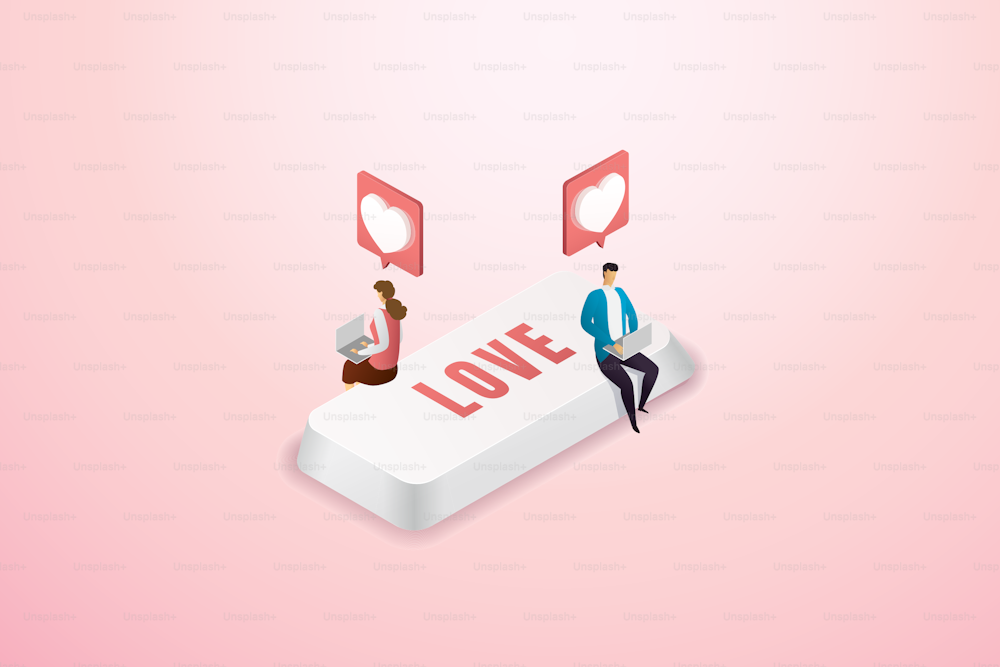 Casal envia uma mensagem em forma de coração através de um laptop. namoro on-line dia dos namorados no fundo rosa. ilustração vetorial isométrica