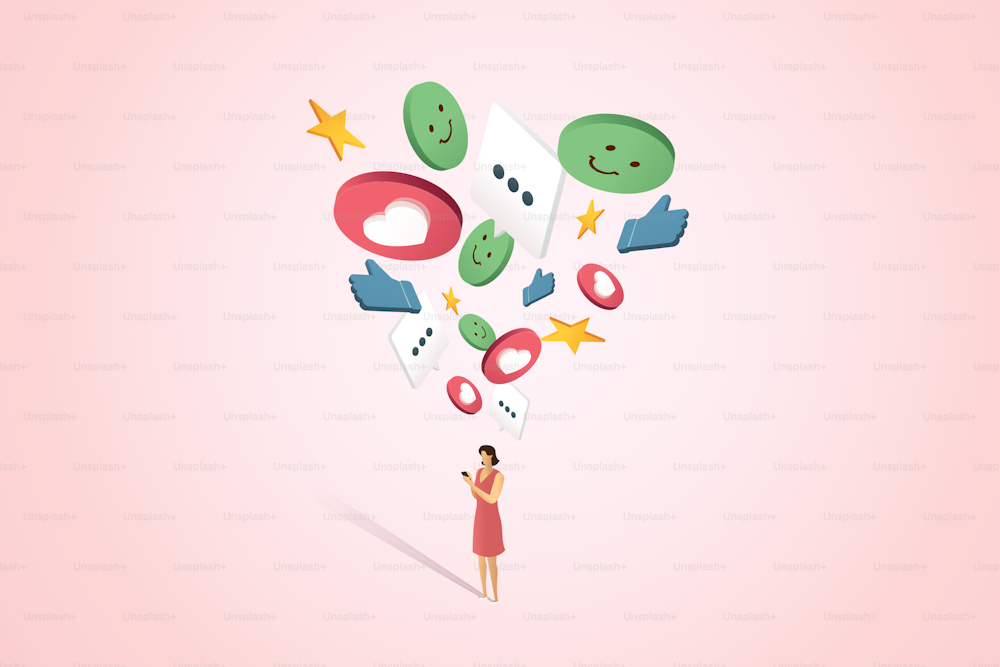 Young women use social media communication platforms online. via mobile phone social media communication, emoji. isometric vector illustration