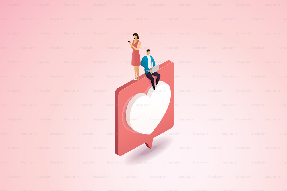 Couple sends a heart-shaped message through a laptop computer and smartphone. online dating valentines day on pink background. isometric vector illustration