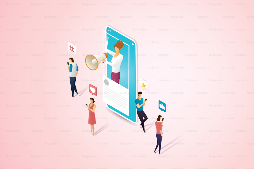 Young woman holding a megaphone to promote products with online customers in the social profile frame via smartphone Product promotion and social media icons. isometric vector illustration.