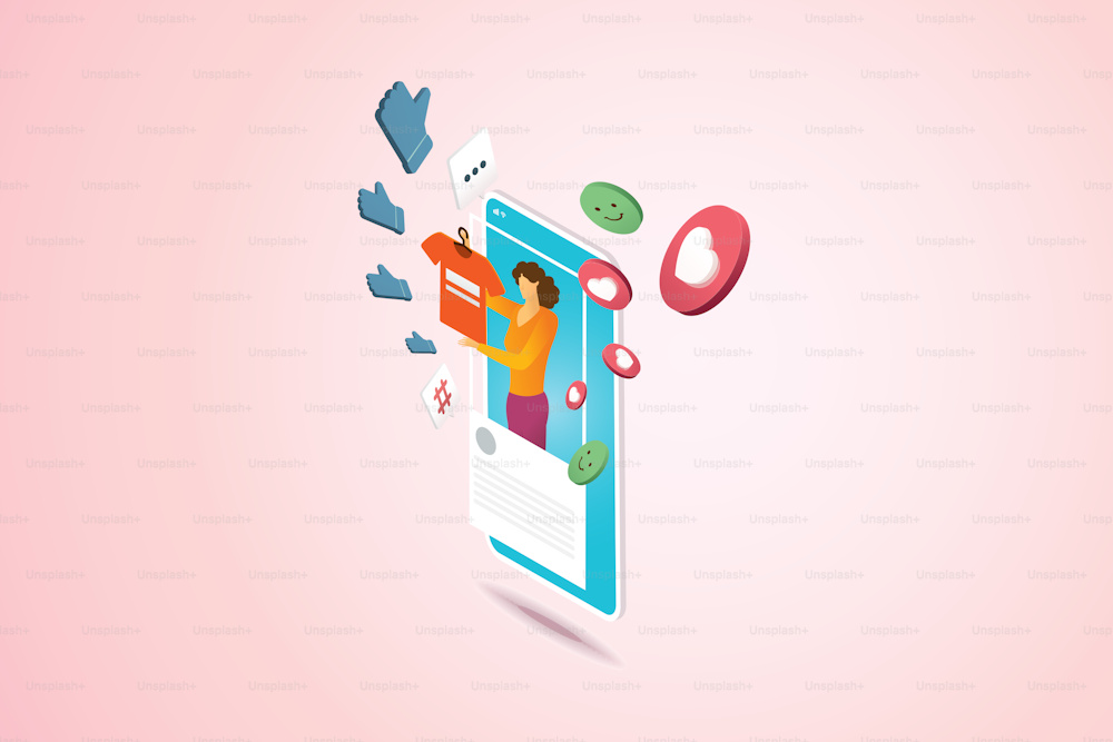 Young women selling clothes online in the social profile frame via smartphone Product promotion and social media icons. isometric vector illustration