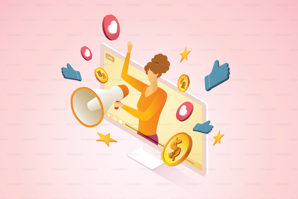 Woman with megaphone promoting social media with Live streaming Video. Online Video blogging digital marketing concept, Public relations and business. isometric vector illustration.