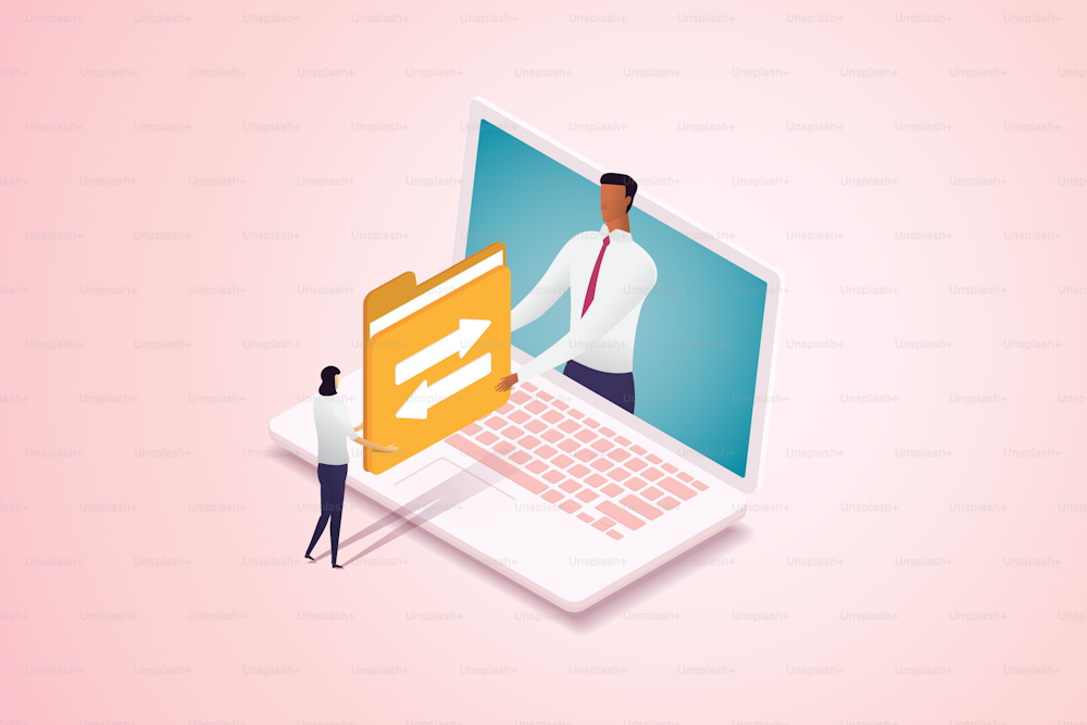 Transferring files folder between laptop users Digital file management service or transfer of data, document files via online data center connection network. isometric vector illustration