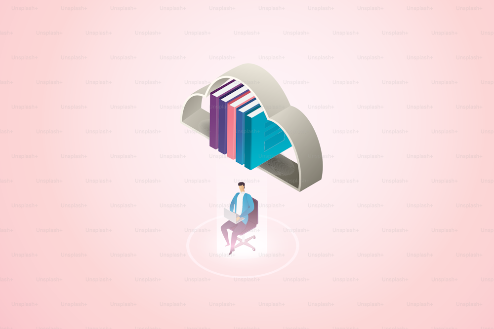 Cloud book storage online digital library for online study man working under big cloud book. isometric vector illustration.