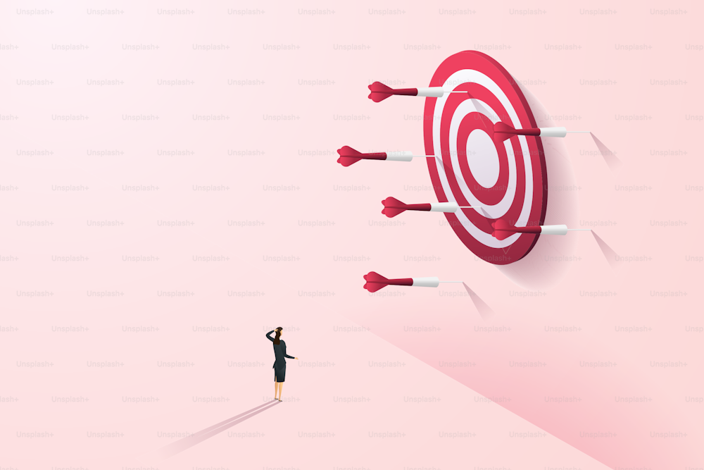 Businesswoman missing the target and not success. Woman watching The dart that missed the target on the pink wall. isometric vector illustration.