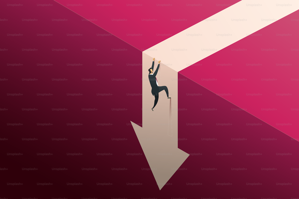 Surviving an economic downturn A businessman climbs a cliff to escape from a falling arrow. isometric vector illustration.