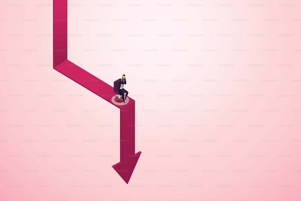 Investor or businessman sit stressed on a falling arrow chart. Concept of economic crisis and financial recession bankruptcy Loss.  isometric vector illustration.