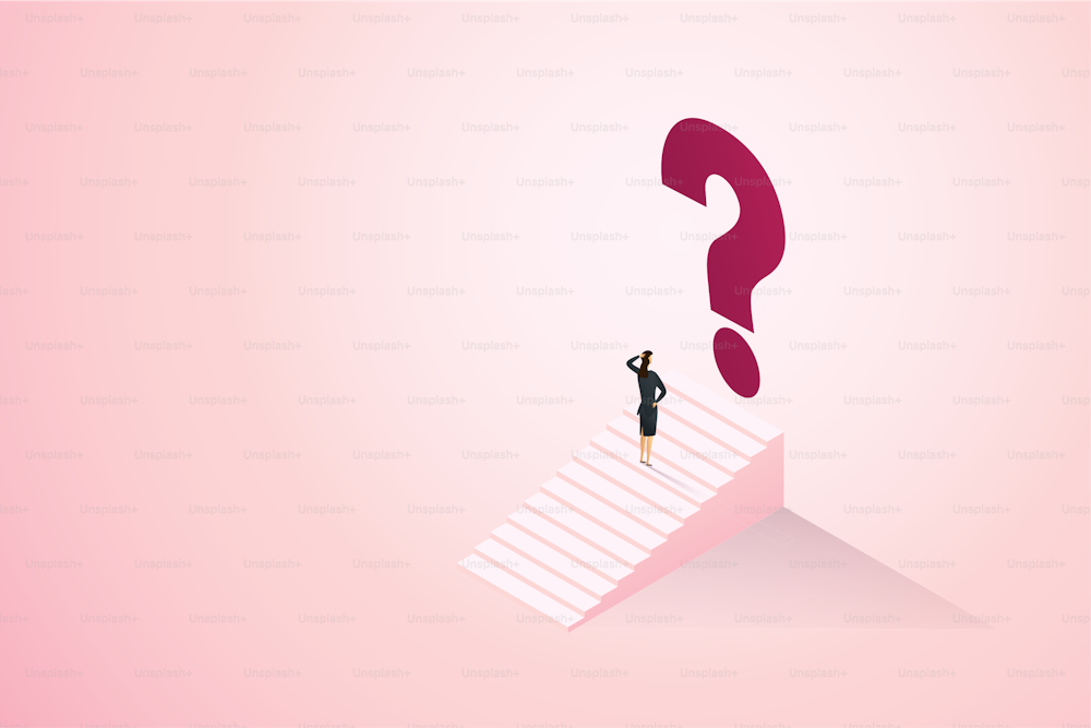 Woman thinking while standing in front of a question mark. Businesswoman questioning the opportunity and future planning in career. isometric vector illustration.