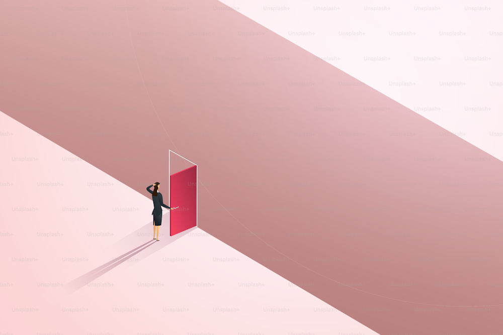 The end of businesswoman who has nowhere to go or is unable to continue her career. a dead end in the career path, woman open door on gap on a cliff. isometric vector illustration.
