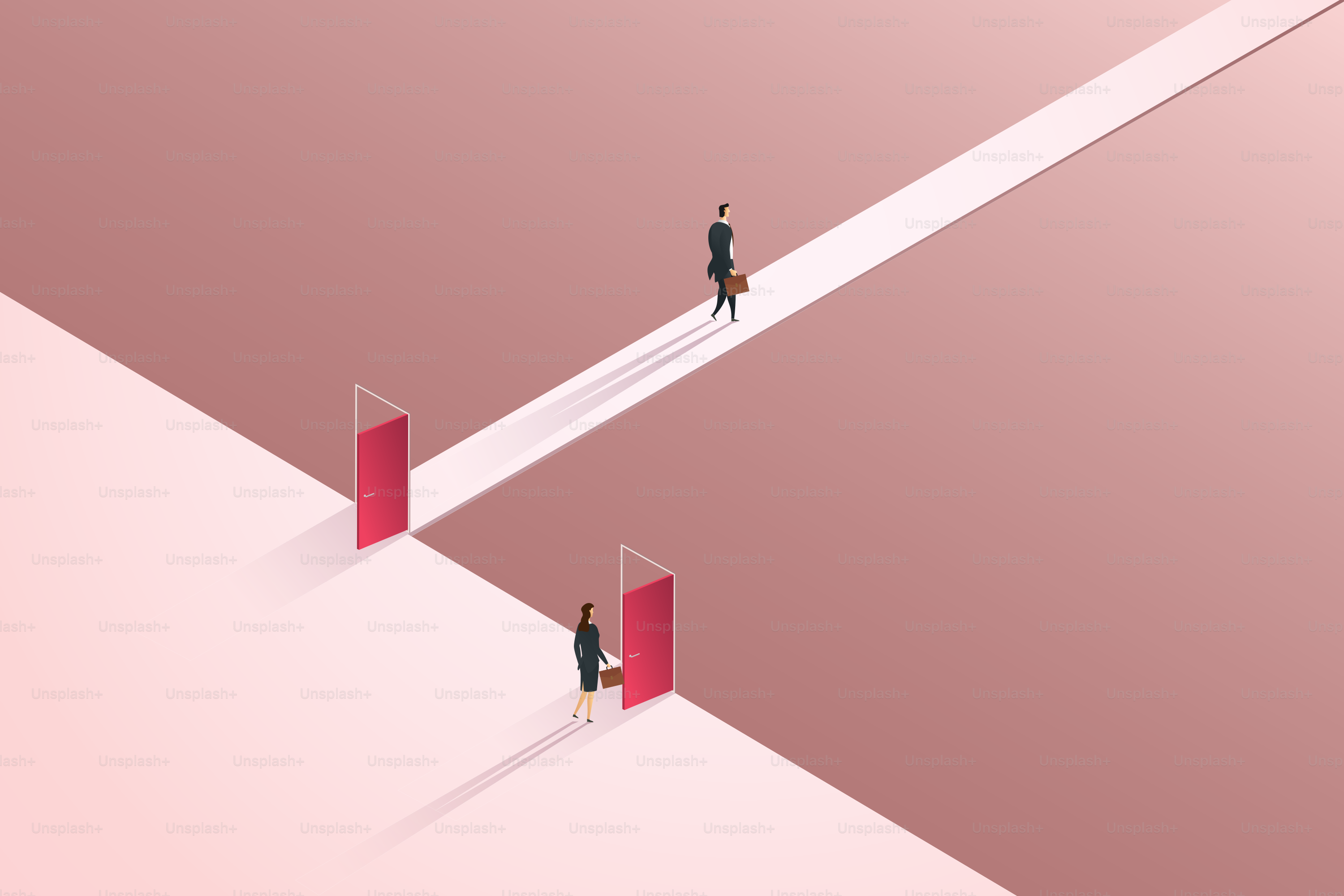 Unequal business discrimination between businessman and business woman on different career paths and obstacles. isometric vector illustration.