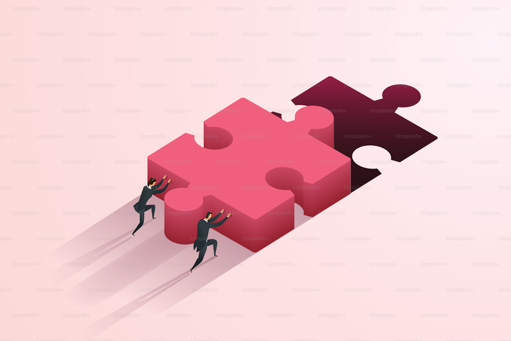 Cooperazione commerciale di uomini e donne d'affari che spingono i puzzle per connettersi a un grande divario.  illustrazione vettoriale isometrica.
