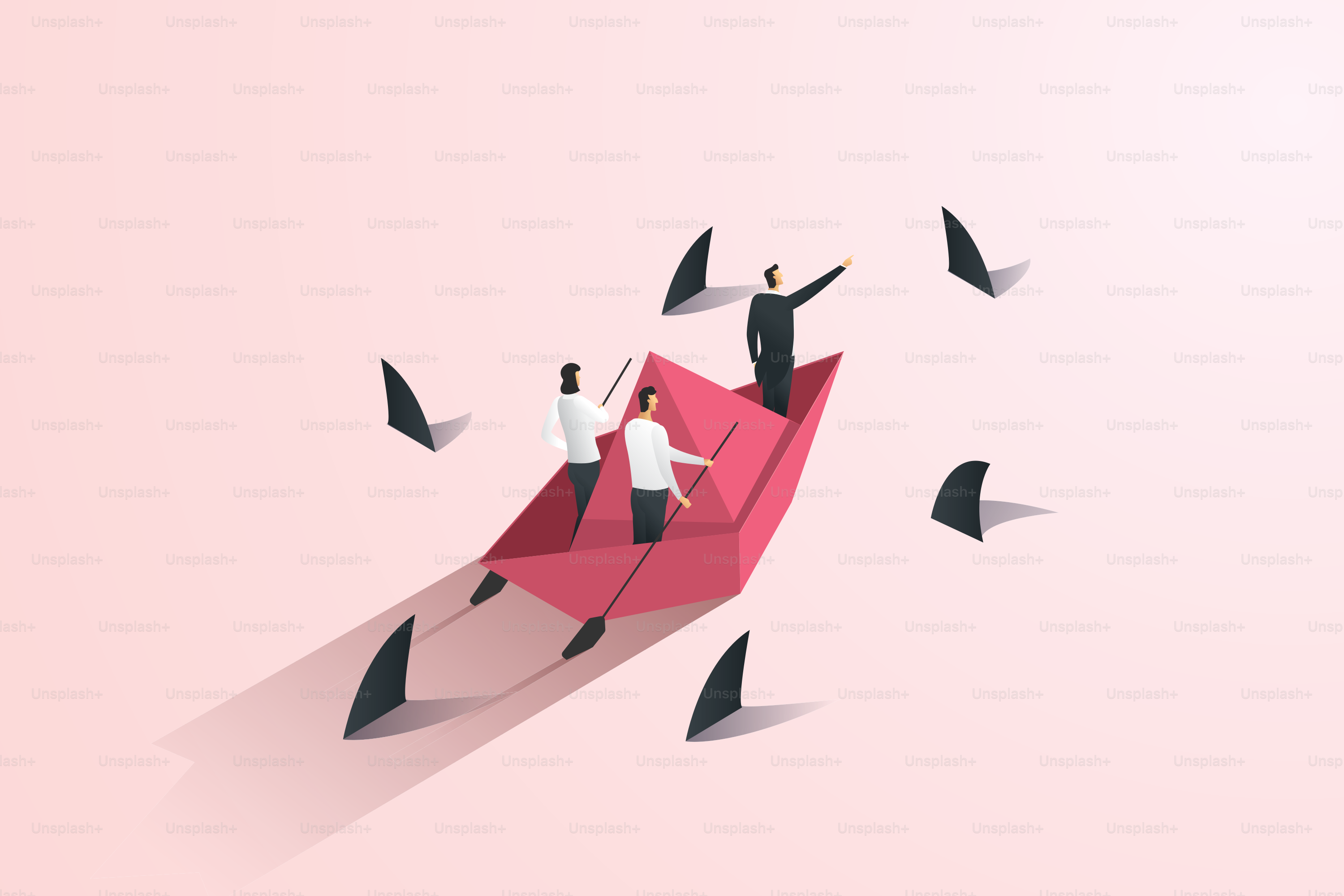 Businessman leader leads a team through a crisis. on a paper boat at sea with dangerous sharks A symbol of overcoming obstacles and challenges.  isometric vector illustration.