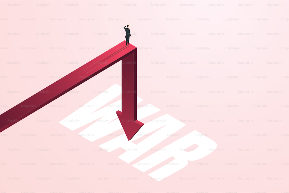 Investor or businessman stands on a falling arrow chart. Concept of economic crisis and financial recession, bankruptcy, loss from war. isometric vector illustration