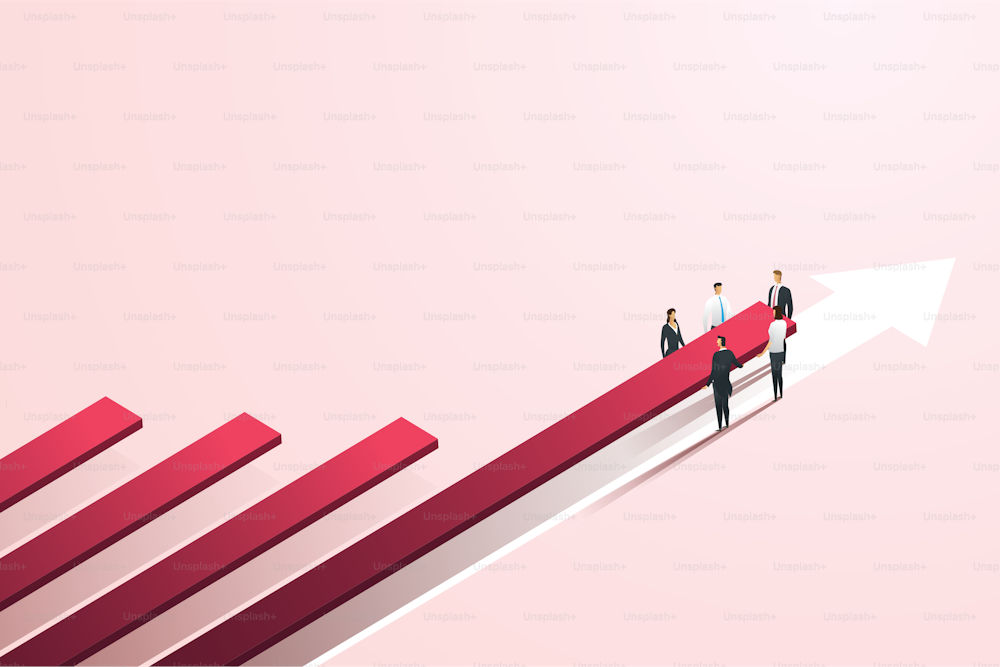 팀 비즈니스 사람은 분홍색 배경에 빨간색 막대 그래프를 올립니다. 재정적으로나 사업적으로 성장하십시오. 아이소메트릭 벡터 그림입니다.