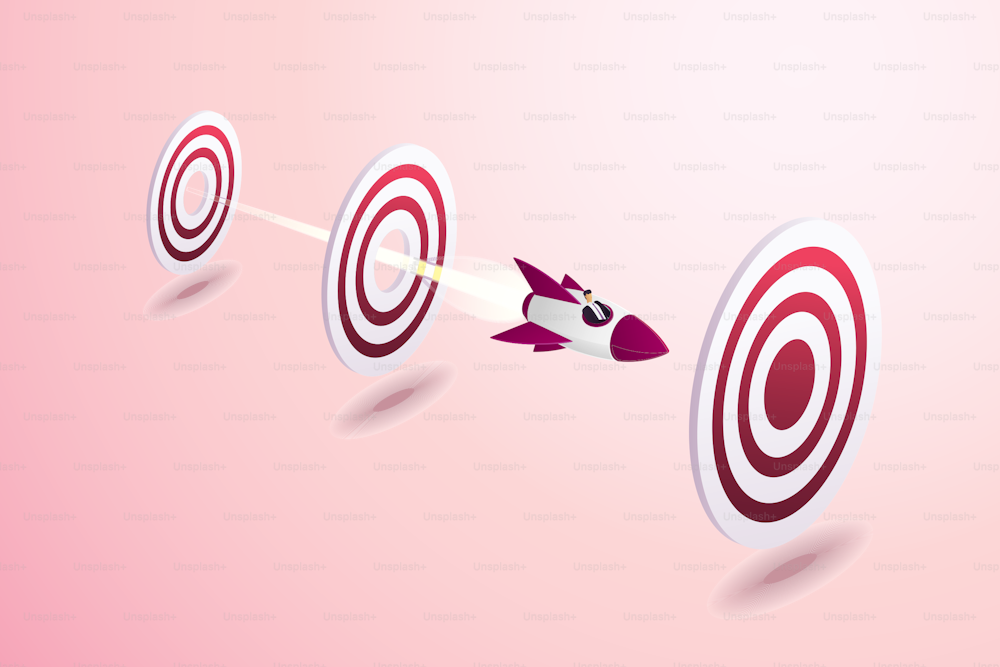 Businessman drives a rocket through a small target to a large one. isometric vector illustration.